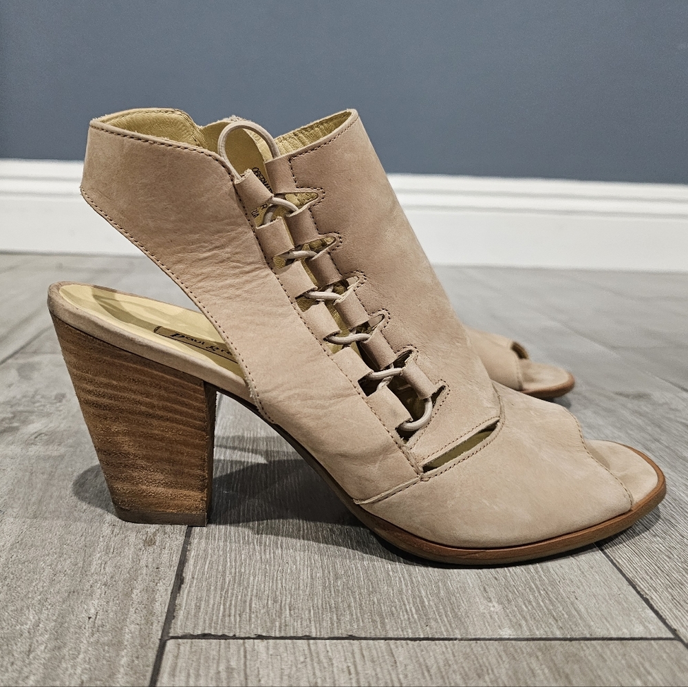 PAUL GREEN Mindy Beige Nubuck Leather Block Heel Peep Toe Heeled Sandals US 9
